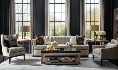 Elegant living room, neutral tones, tufted sofa, large windows.