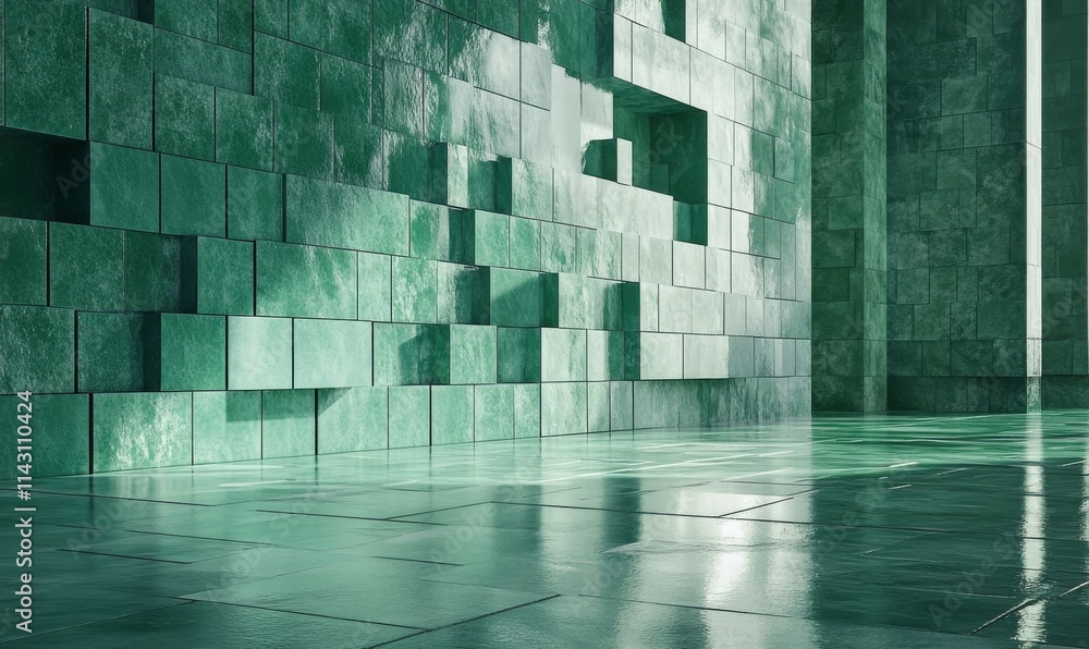 Aufkleber rectangular tiles arranged to create a futuristic wall. green, polished background formed from 3d bl