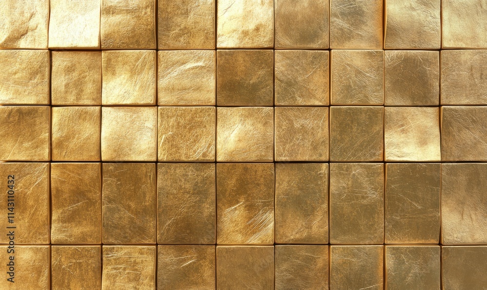 Poster rectangular, gold mosaic tiles arranged in the shape of a wall. luxurious, glossy, blocks stacked to