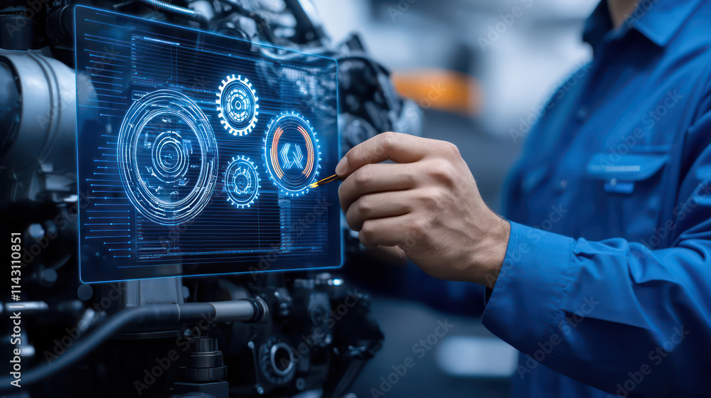 Poster mechanic fine tuning engine using advanced technology and digital tools, showcasing precision and ex