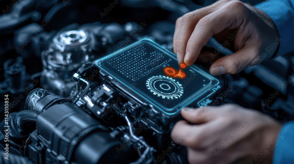 Poster mechanic fine tuning engine with digital interface, showcasing precision and technology