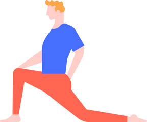 Illustration of a young man with blond hair, wearing a blue t shirt and orange trousers, performing a crescent lunge yoga pose, promoting healthy lifestyle and flexibility