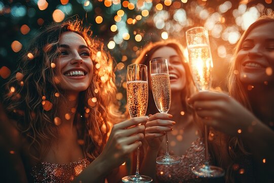 Success, people and dinner with toast, champagne and elegant team, party and celebration together. Friends, closeup and cheers for achievement, wine glasses and fine dining at gala event and luxury