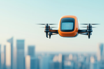 futuristic drone flying over city skyline, showcasing advanced technology and design