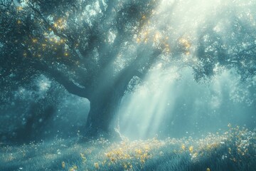 Enchanted forest: large tree, glowing, wildflowers.