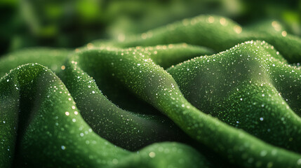 Morning dew glistens on lush green fabric, showcasing nature's beauty at dawn