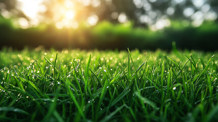 Fototapeta premium Morning dew glistens on fresh grass as sunlight breaks through