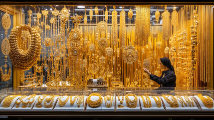 A woman is looking at a display of gold jewelry