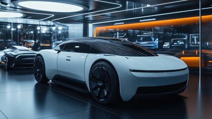 Futuristic Electric Car Showroom: A sleek, white electric car takes center stage in a modern, high-tech showroom, illuminated by dramatic lighting.