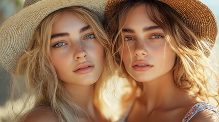 Fototapeta premium Two individuals enjoying a sunny day outdoors wearing light colorful attire and straw hats