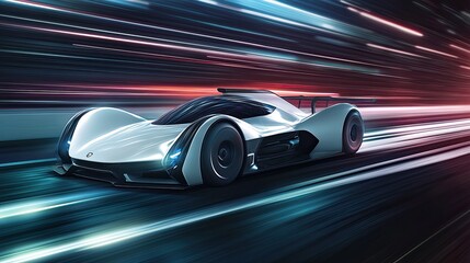 Futuristic Race Car: A sleek, white electric concept car speeds down a vibrant, neon-lit highway, leaving trails of light in its wake. The image captures the thrill of speed and innovation. 