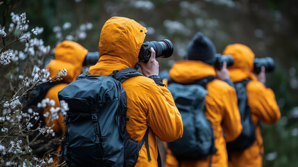 Group of birdwatchers in nature observing wildlife during a cloudy afternoon