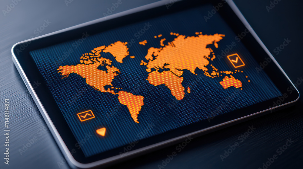 Poster digital world map displayed on tablet with orange highlights, showcasing global connectivity and dat