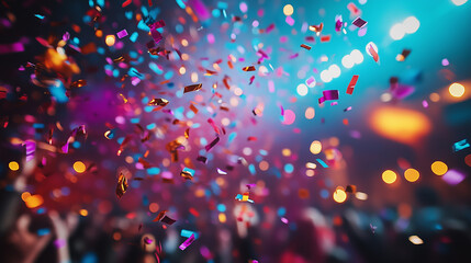 Exciting celebration with confetti flying at a lively party in a vibrant venue