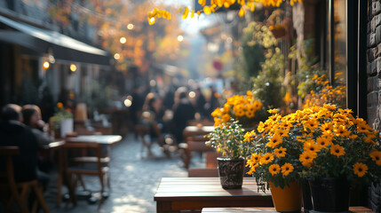 Fototapeta premium Charming outdoor cafe filled with people enjoying coffee on a sunny day in a vibrant setting