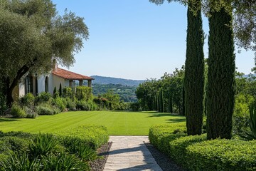 Fototapeta premium Landscaped garden, house, pathway, hills, greenery.