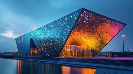 A futuristic building with a spectrum of LED lights covering its exterior.