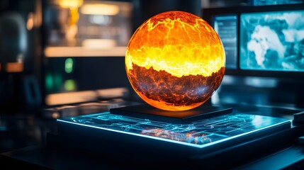 A futuristic educational display of Earths core dynamics in a high-tech lab.