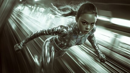 A girl superhero in a shimmering silver suit using telepathy to stop a runaway train.