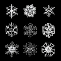 Close-up of snowflake patterns on a black backdrop, highlighting their unique geometry and intricate details. The natural structure and symmetry of each snowflake create a captivating, fine design