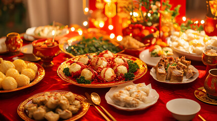 Elegantly set dining table, perfect for a festive Asian celebration. The table is adorned with a vibrant red tablecloth, and a variety of delicious dishes. Traditional dinner on Chinese New Year - Powered by Adobe