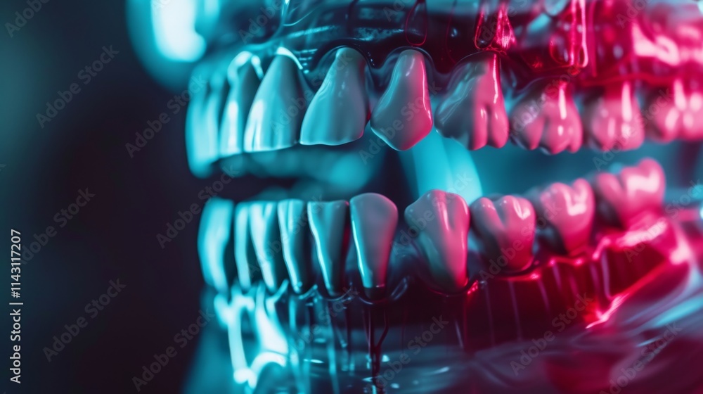 Poster a high-quality 3d-rendered image of a human skull showcasing illuminated teeth in red and blue light