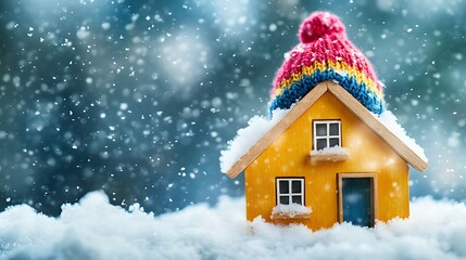A Cozy Yellow House Wearing a Winter Hat in the Snow