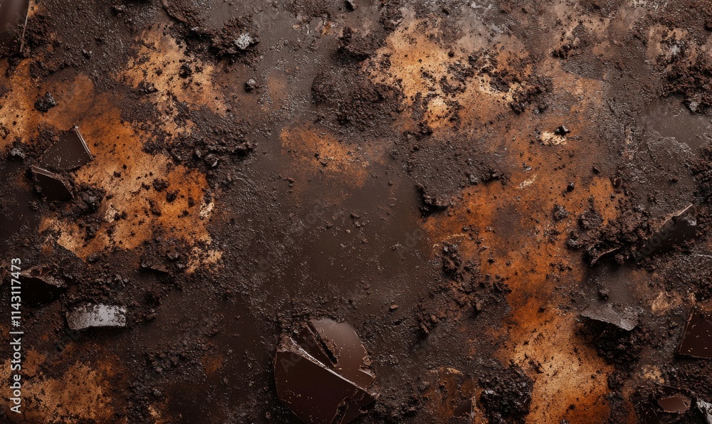 Poster bold chocolate textures smeared into abstract compositions, with cocoa powder clouds and chocolate c