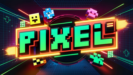 Colorful pixel art word "PIXEL" with 8-bit characters.