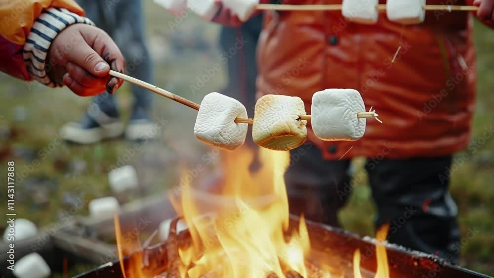 Poster indistinct figures preparing marshmallows on roasting sticks.