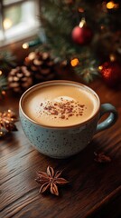 Steaming cup of coffee garnished with spices placed on a wooden table beside festive decorations in a cozy setting