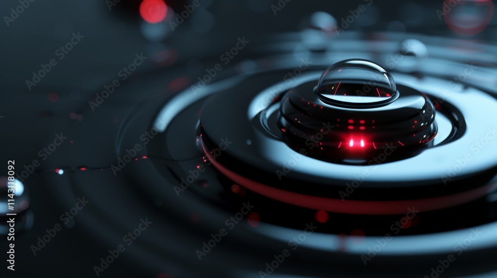Poster a high-tech droplet striking a glossy black surface, creating mesmerizing ripples highlighted by glo