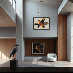 Modern interior design with a bird sculpture and a framed abstract artwork wood concrete design wood design concrete architecture wall floor modern