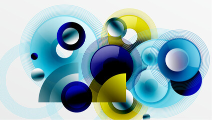 Sleek vector design with overlapping circles in vibrant colors and smooth gradients. Dynamic composition with depth, symmetry, and minimalistic elegance on a light background