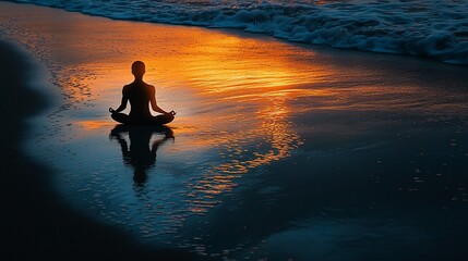 Fototapeta premium Woman meditating on beach at sunset, reflection in water.