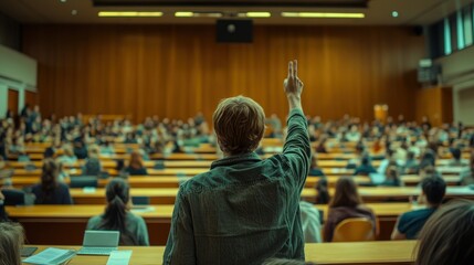Person raises hand to ask question in large lecture hall audience.