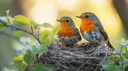 Wildlife birds constructing nests during springtime in a lush environment