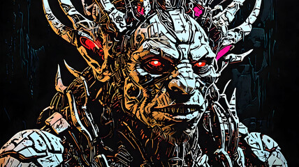 Ghastly creature with glowing red eyes, intricate details, dark background.