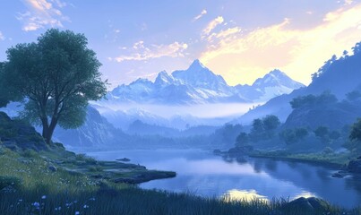 Serene lake, mountains, trees, tranquil dawn.