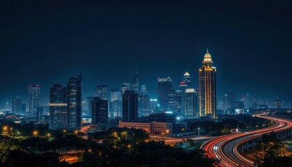 Bangalore city skyline lights up at night. Modern buildings showcase tech innovation. Urban highway shows night traffic. Cityscapes create dynamic contrast. Bright lights highlight modern
