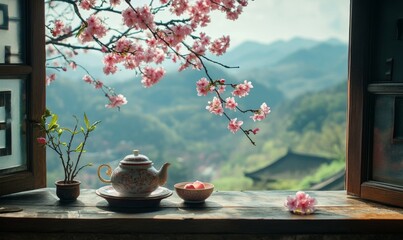 A tea set is placed on the windowsill of an ancient Chinese house, and pink peach blossoms hang on the branches outside, with green hills in the background