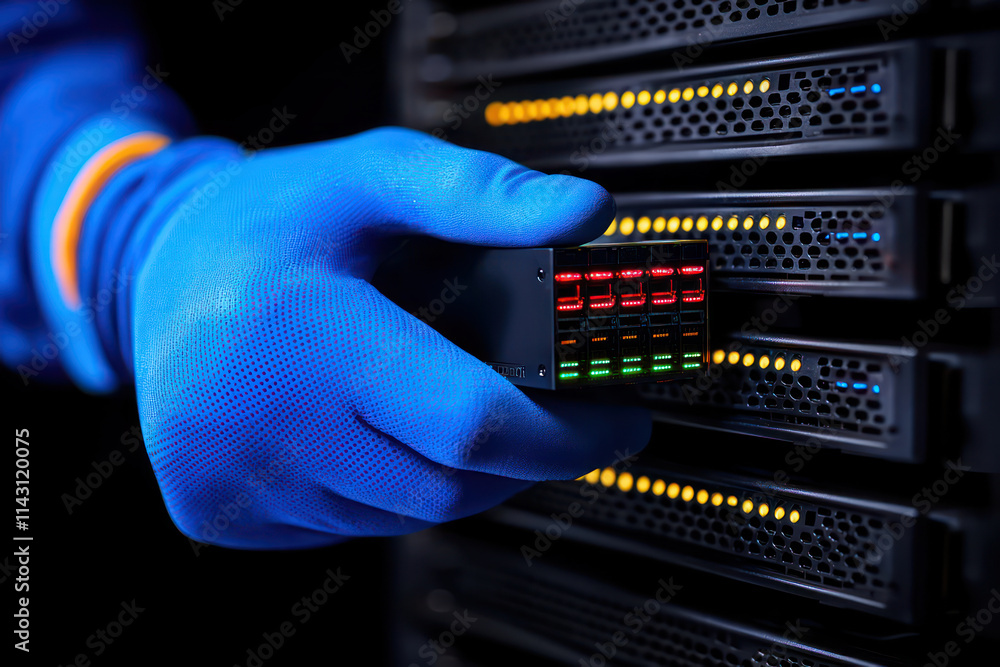 Poster technician in blue gloves is replacing hard drive in server, showcasing precision and care in data c
