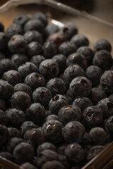 a close-up of a clear plastic container filled to near capacity with fresh blueberries. The berries are densely packed, creating a textured surface