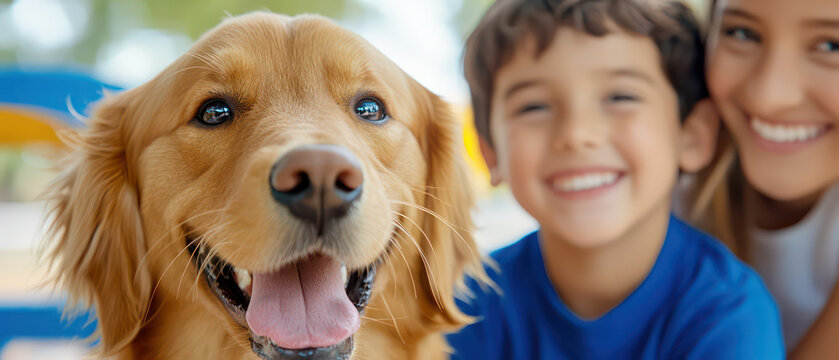 Joyful child and golden retriever dog smiling tog er outdoors