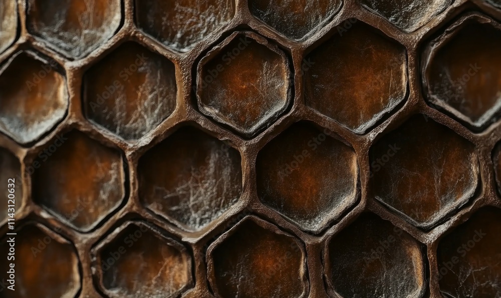 Poster abstract hexagonal grid morphing with soft edges, colored in rich chocolate tones.