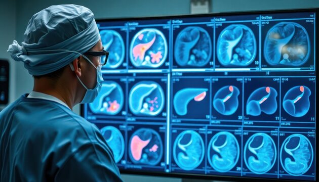 Surgeon intently examines digital liver scans. Liver transplant suitability assessment underway. High resolution scans highlight suspicious cancerous areas. Pre-operative diagnostics in progress.