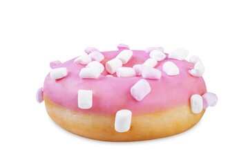 Pink donut with marshmallow topping on a white isolated background