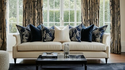 Elegant sofa, patterned cushions, window curtains, coffee table.