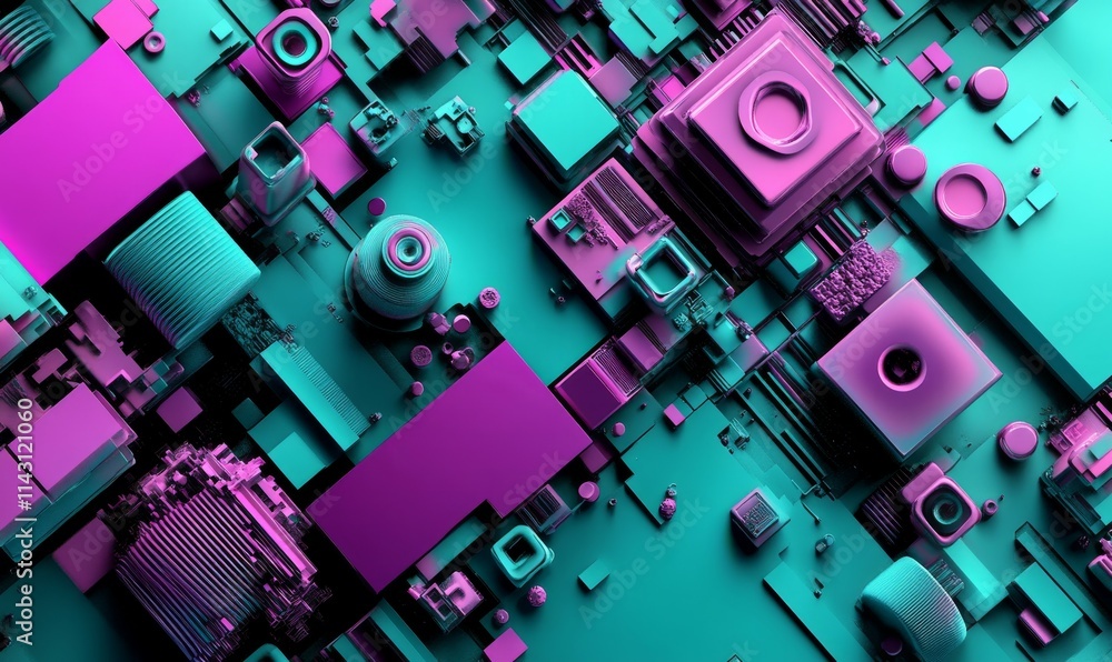 Poster 3d blocks of different shapes and sizes interlock to create a wall. purple and turquoise tech wallpa