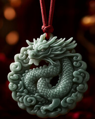A close-up of a jade lucky charm shaped like a dragon, intricately carved and hanging from a red silk cord, placed against a dark velvet background. Chinese New Year